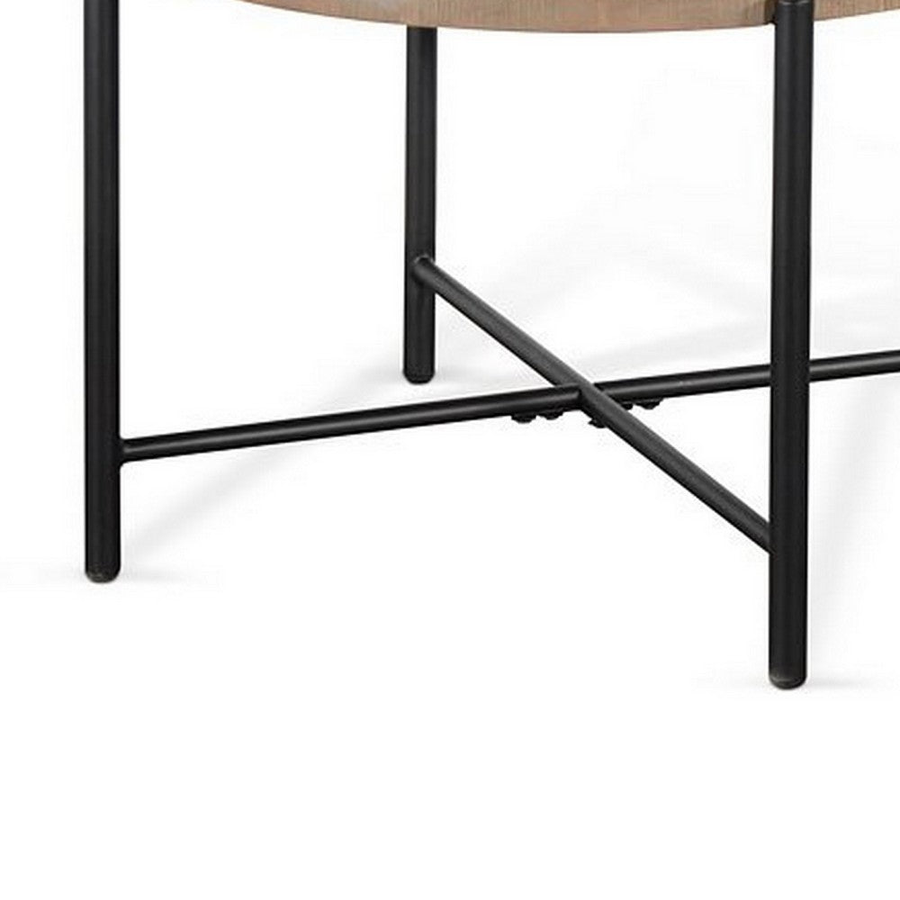 Benjara Reena End Table, Light Brown Mahogany, Black Metal, Round 28 Inch