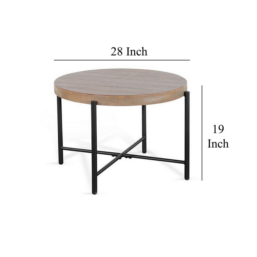 Benjara Reena End Table, Light Brown Mahogany, Black Metal, Round 28 Inch