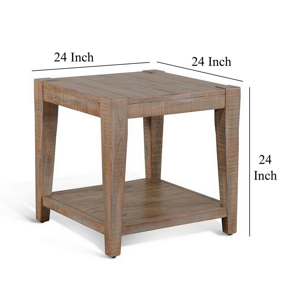Benjara Lilly Side End Table, 1 Shelf, Weathered Brown, 24 Inch Square