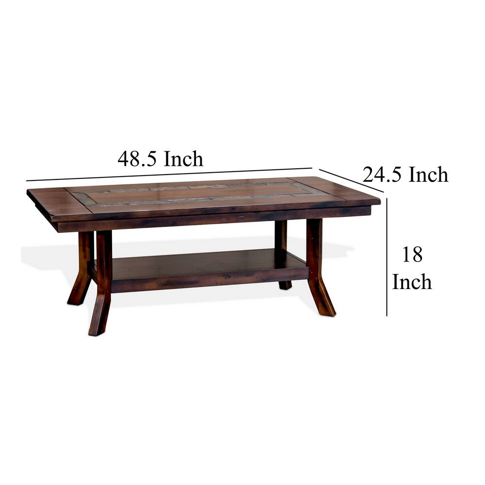 Benjara Odel Coffee Table, 1 Shelf, Dark Brown Mahogany, Rectangular 49 Inch