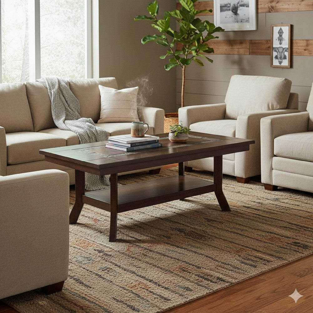 Benjara Odel Coffee Table, 1 Shelf, Dark Brown Mahogany, Rectangular 49 Inch