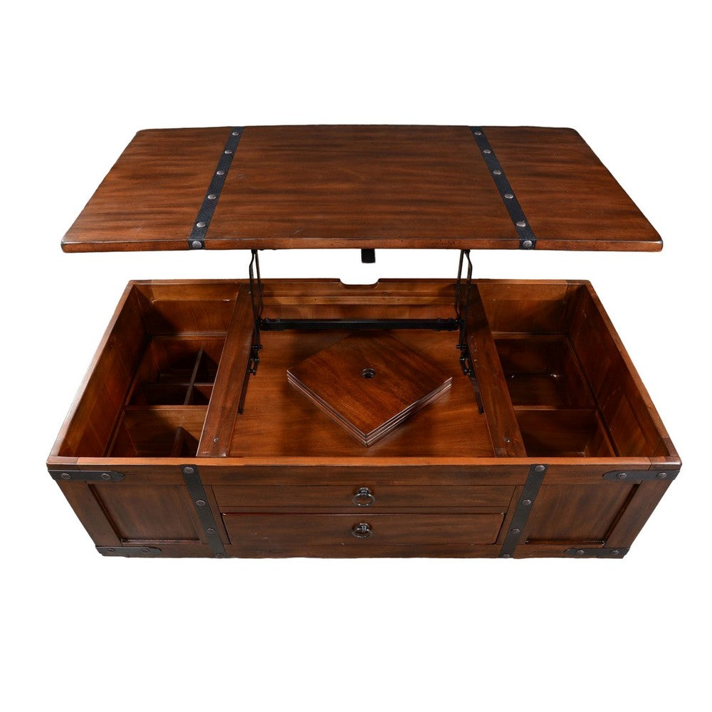 Benjara Odel Coffee Table, Dark Brown Mahogany Wood, Rectangular 48 Inch