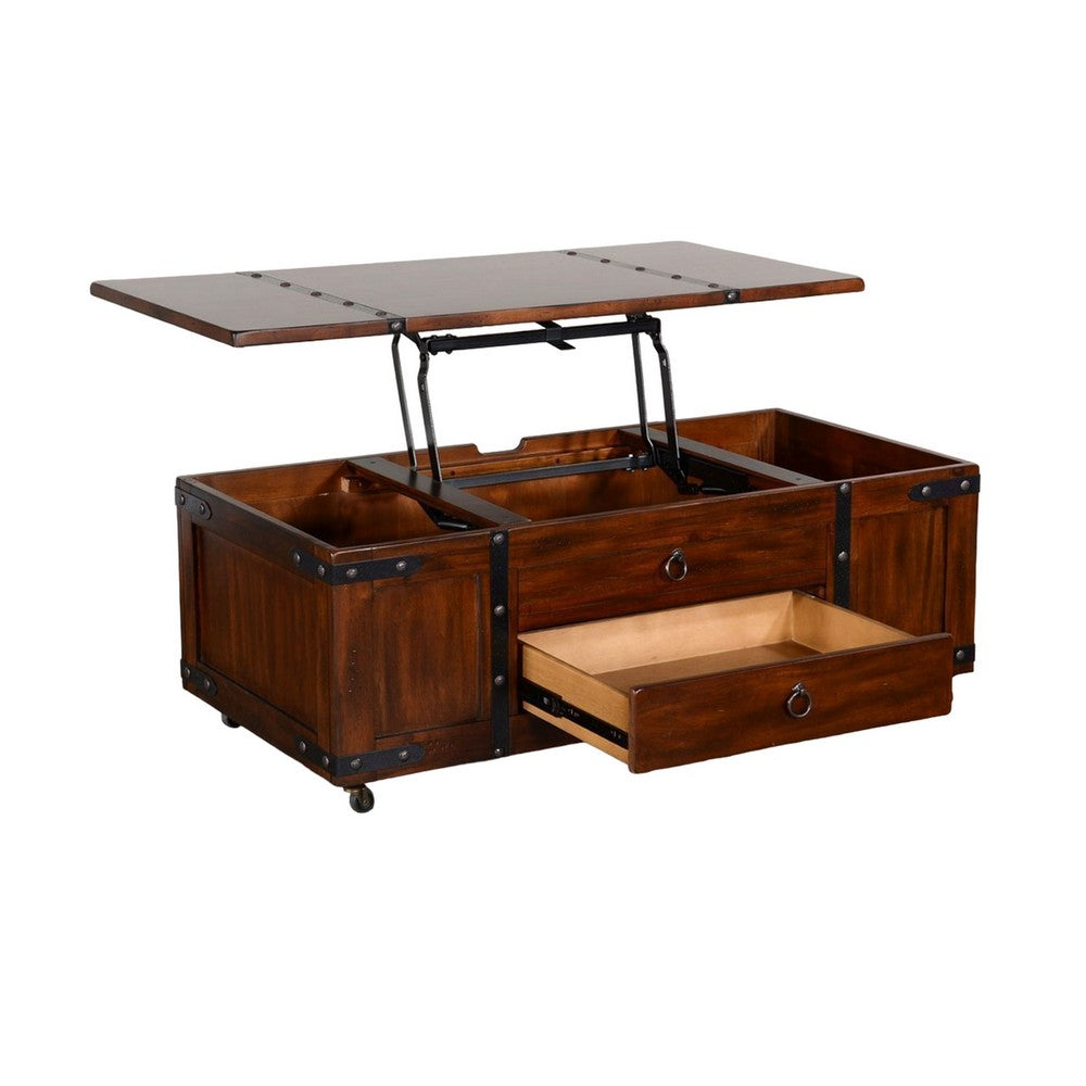 Benjara Odel Coffee Table, Dark Brown Mahogany Wood, Rectangular 48 Inch