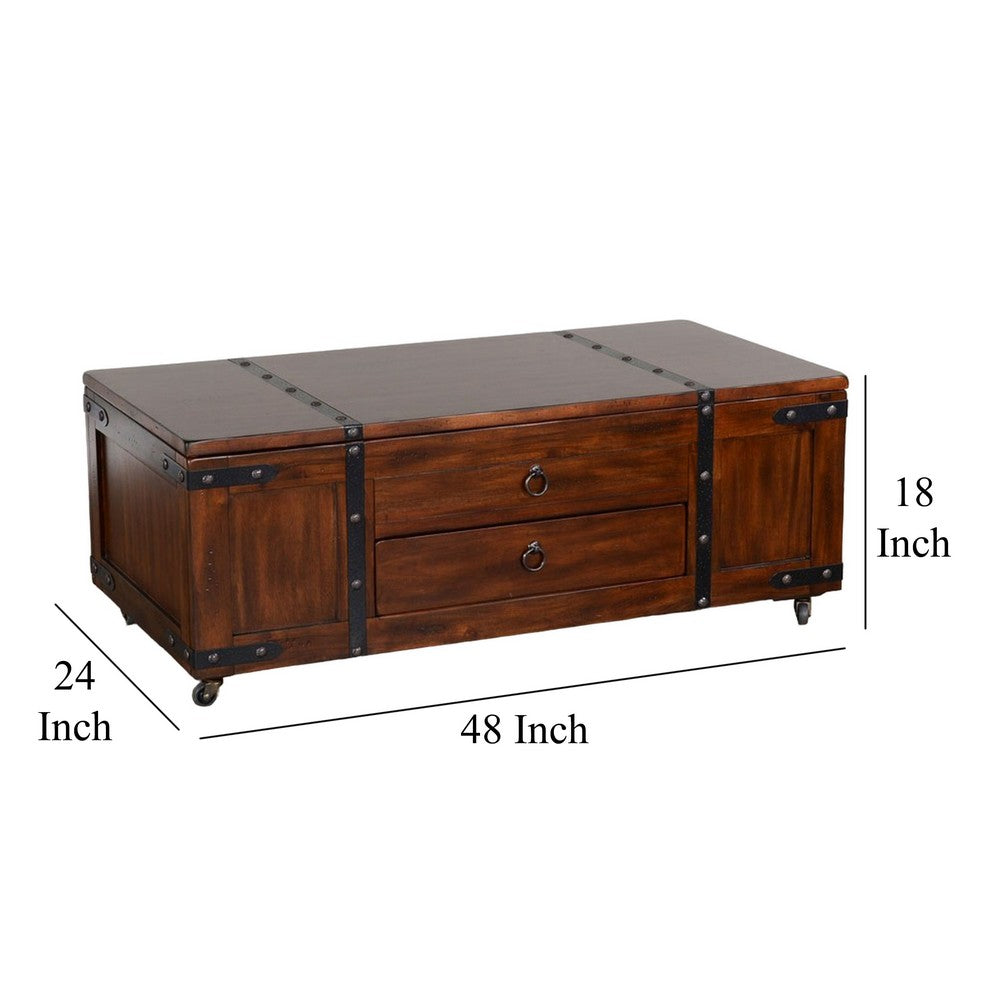 Benjara Odel Coffee Table, Dark Brown Mahogany Wood, Rectangular 48 Inch