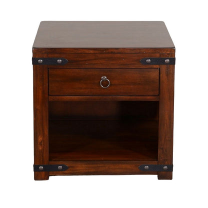 Benjara Odel Side End Table, Drawer, Dark Brown Mahogany Wood, Metal, 24 Inch