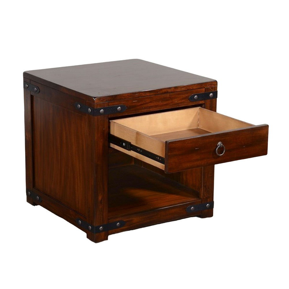 Benjara Odel Side End Table, Drawer, Dark Brown Mahogany Wood, Metal, 24 Inch
