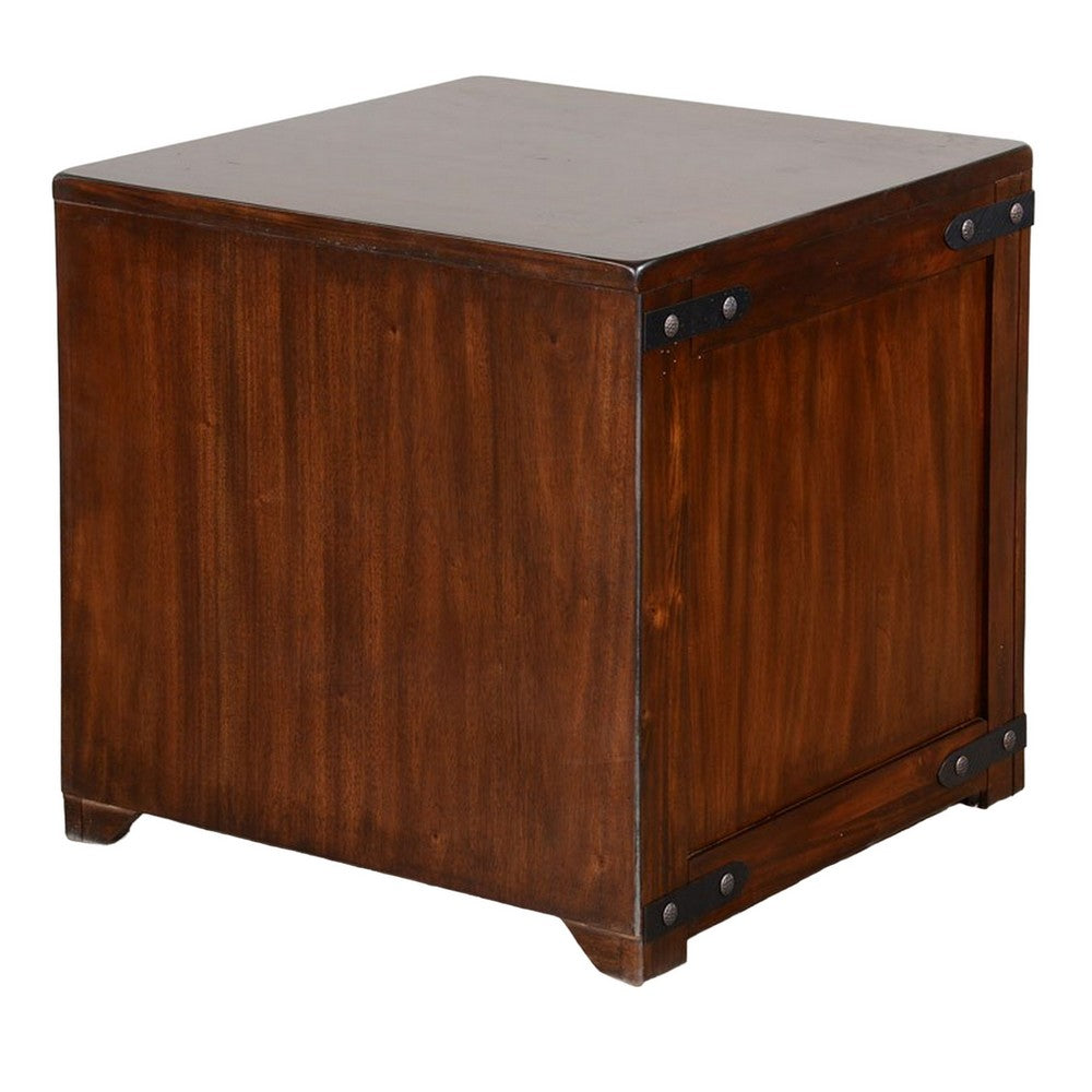 Benjara Odel Side End Table, Drawer, Dark Brown Mahogany Wood, Metal, 24 Inch