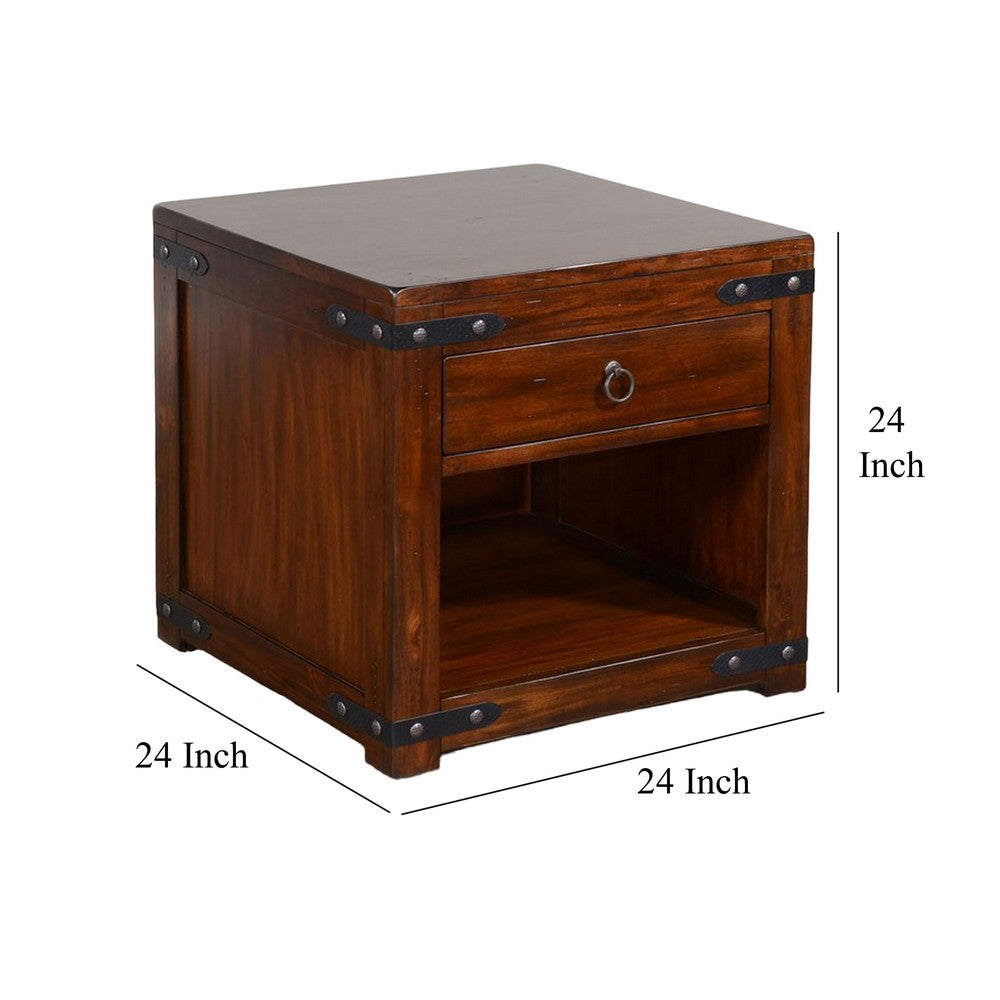 Benjara Odel Side End Table, Drawer, Dark Brown Mahogany Wood, Metal, 24 Inch