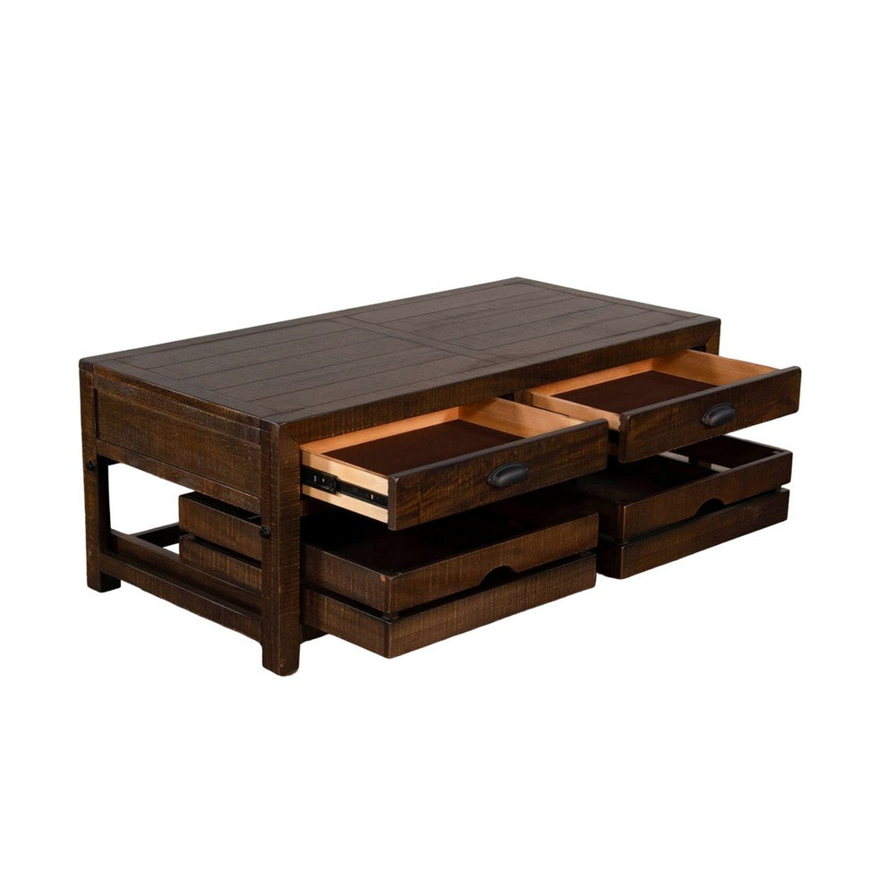 Benjara Flint Coffee Table, 2 Drawers, Crates, Dark Brown Mahogany, 50 Inch
