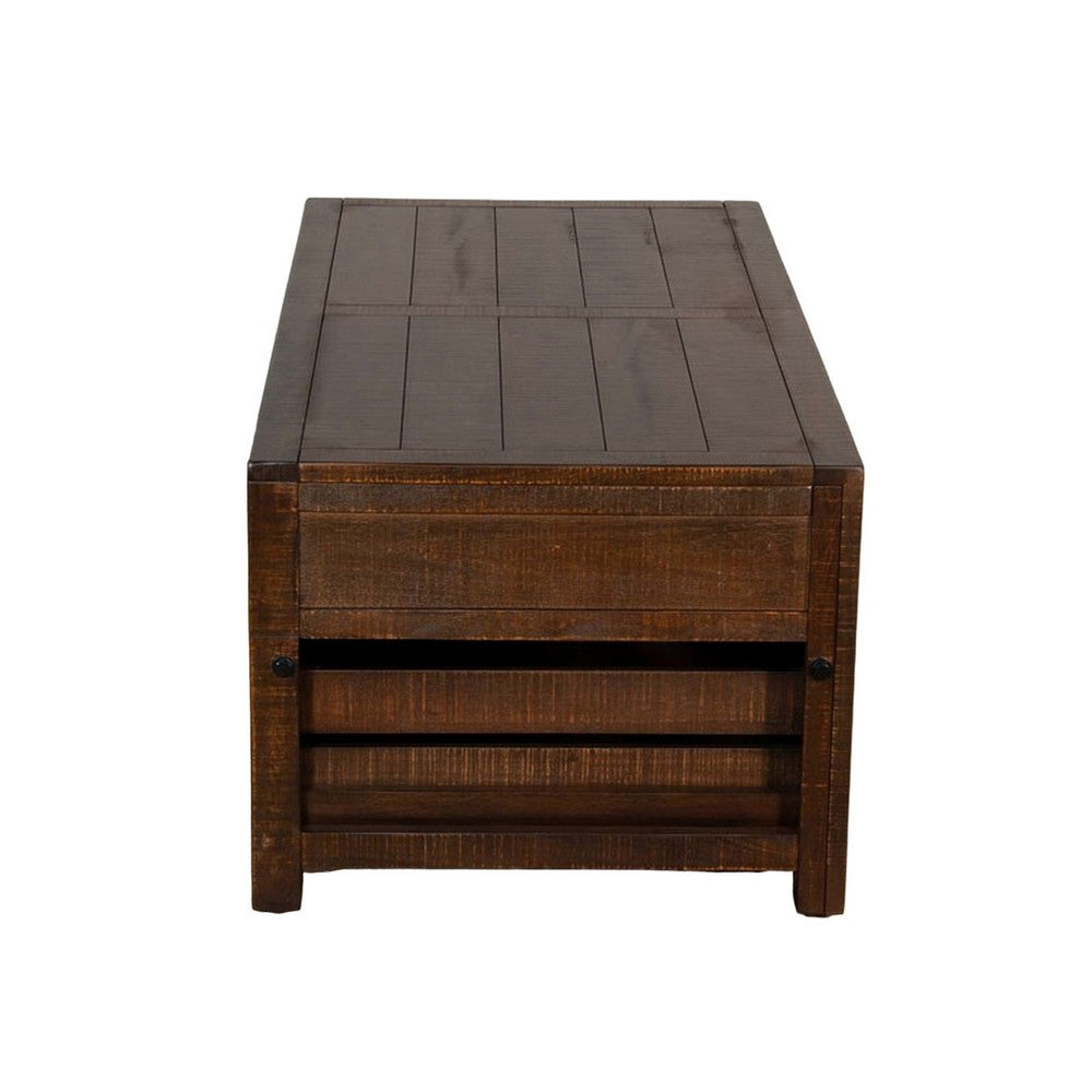 Benjara Flint Coffee Table, 2 Drawers, Crates, Dark Brown Mahogany, 50 Inch