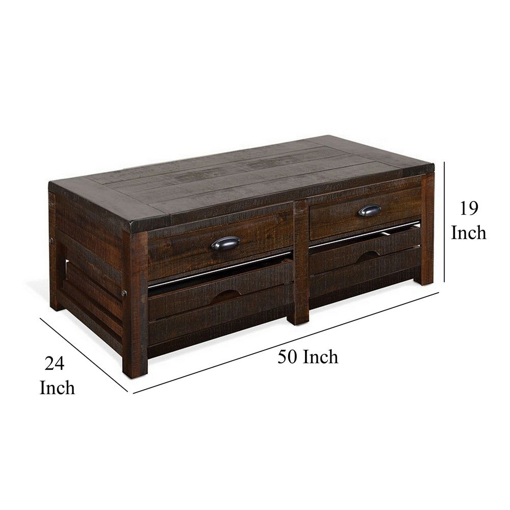 Benjara Flint Coffee Table, 2 Drawers, Crates, Dark Brown Mahogany, 50 Inch