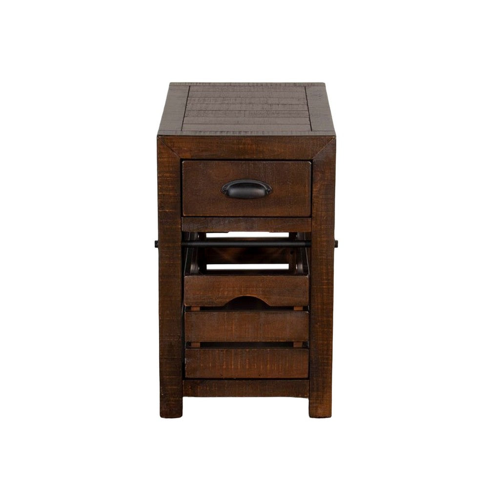 Benjara Flint Accent Chairside Table, 1 Drawer, Crate, 26 Inch Dark Brown Wood