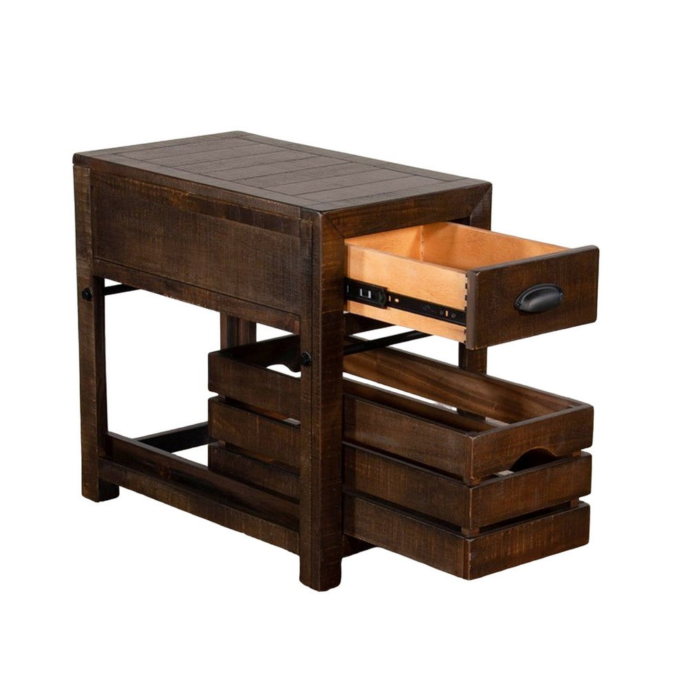 Benjara Flint Accent Chairside Table, 1 Drawer, Crate, 26 Inch Dark Brown Wood