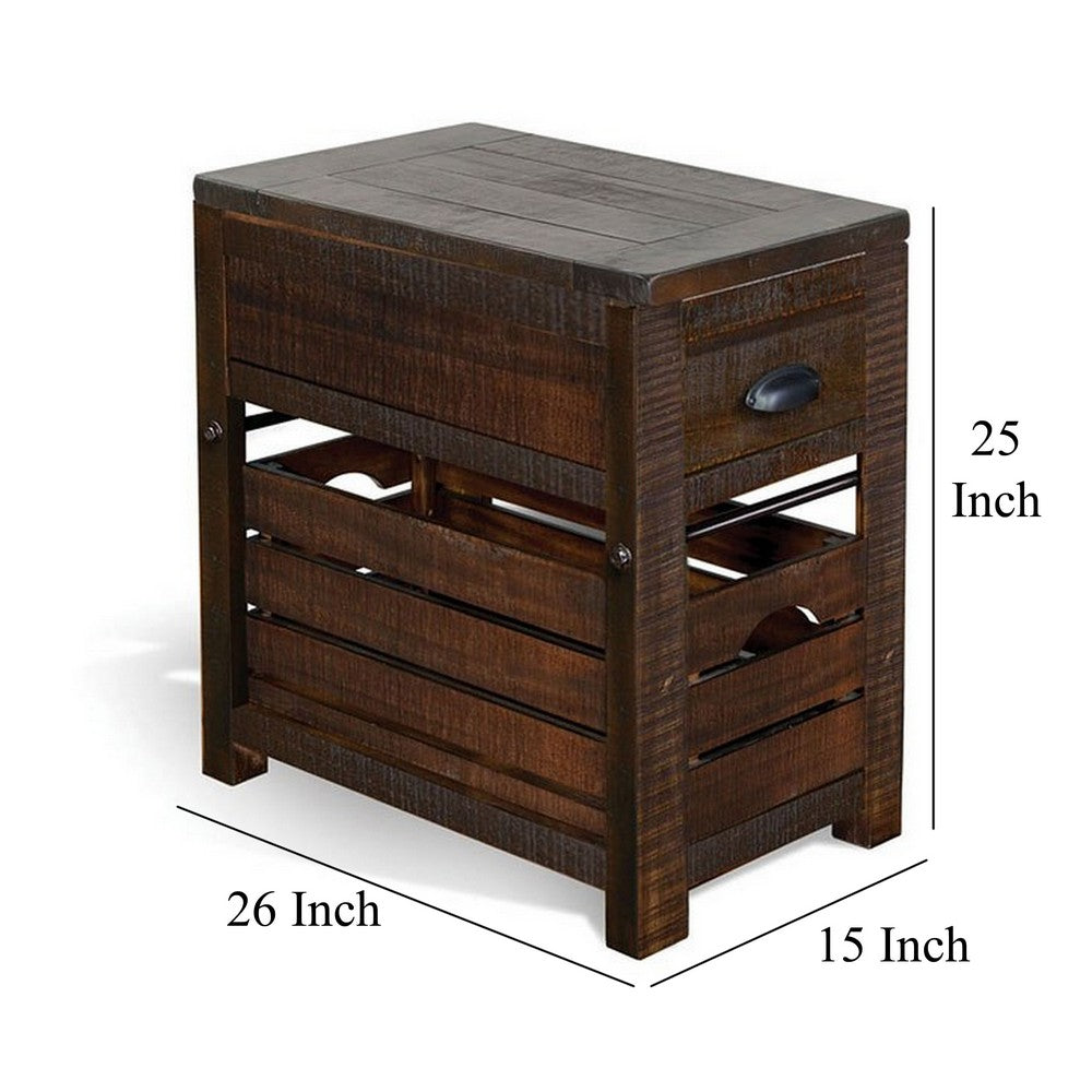 Benjara Flint Accent Chairside Table, 1 Drawer, Crate, 26 Inch Dark Brown Wood