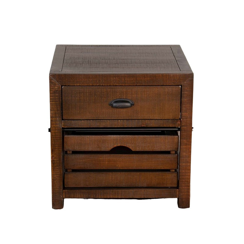 Benjara Flint End Table, 1 Drawer, 1 Crate, Dark Brown Mahogany Wood, 26 Inch