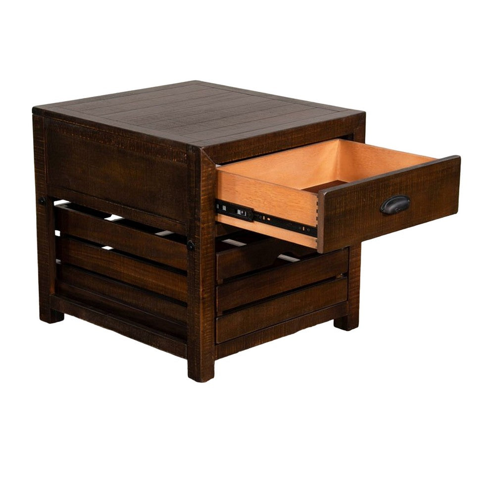 Benjara Flint End Table, 1 Drawer, 1 Crate, Dark Brown Mahogany Wood, 26 Inch