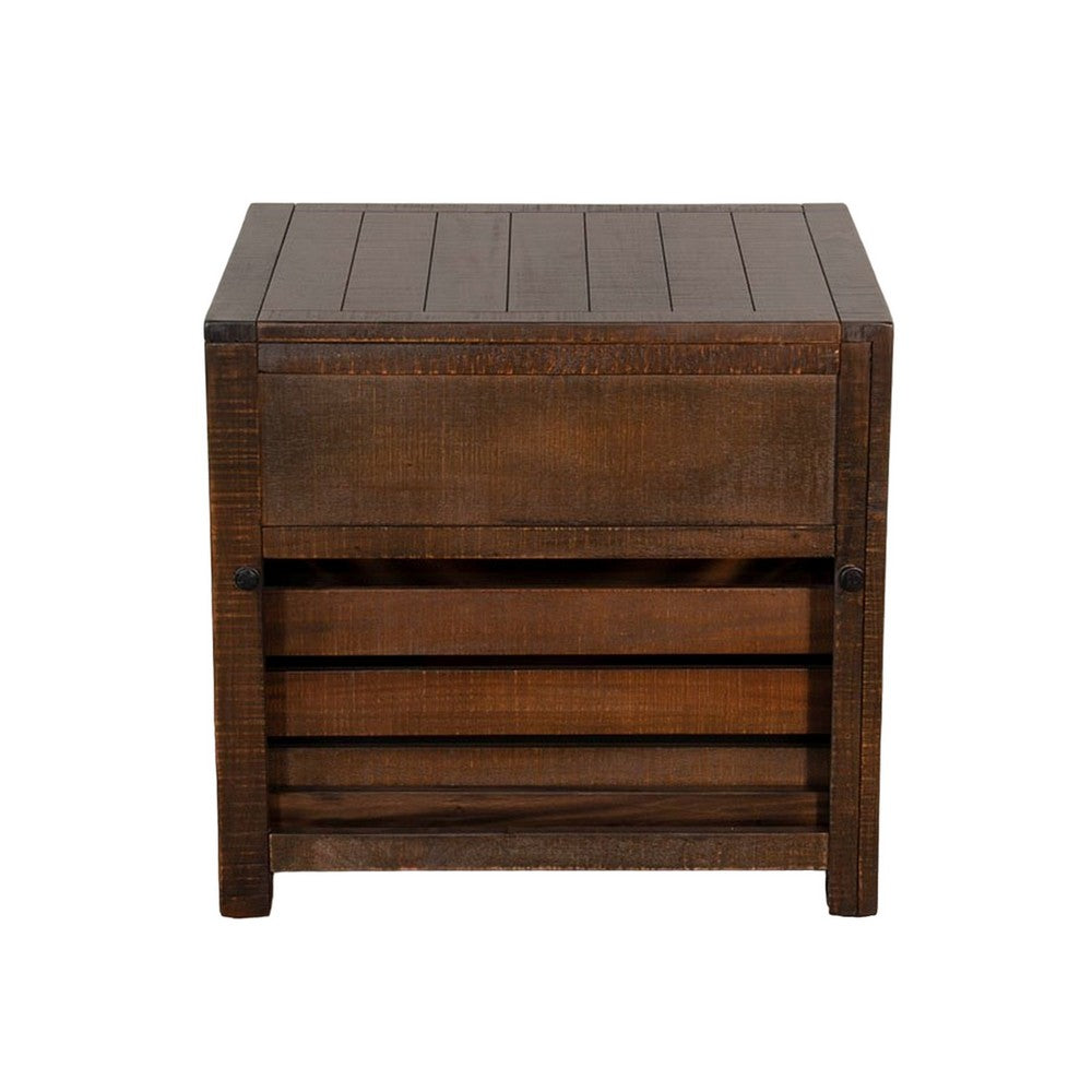 Benjara Flint End Table, 1 Drawer, 1 Crate, Dark Brown Mahogany Wood, 26 Inch
