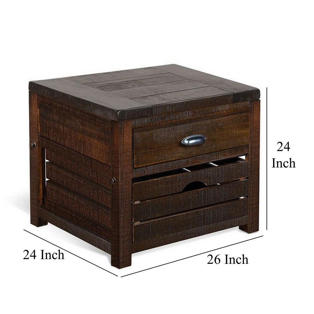 Benjara Flint End Table, 1 Drawer, 1 Crate, Dark Brown Mahogany Wood, 26 Inch