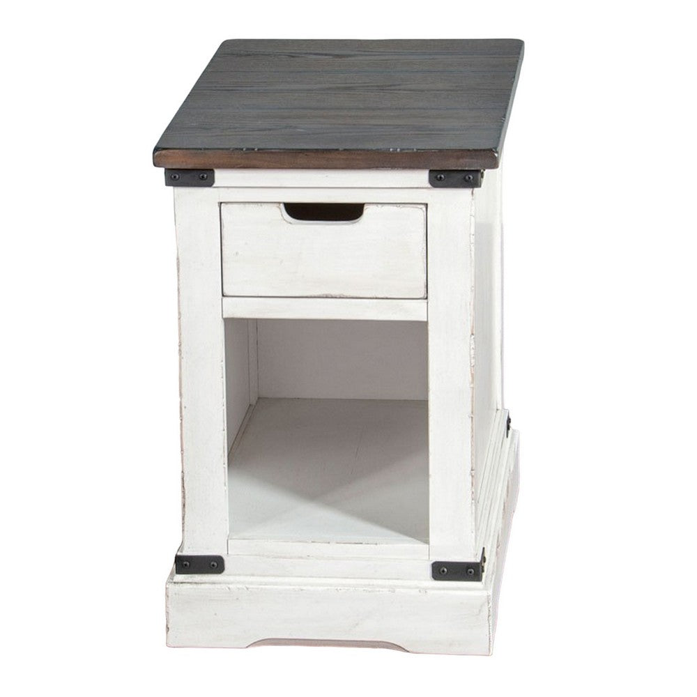 Benjara Laibi Side Table, French Country White, Brown Mahogany Wood, 26x16 Top