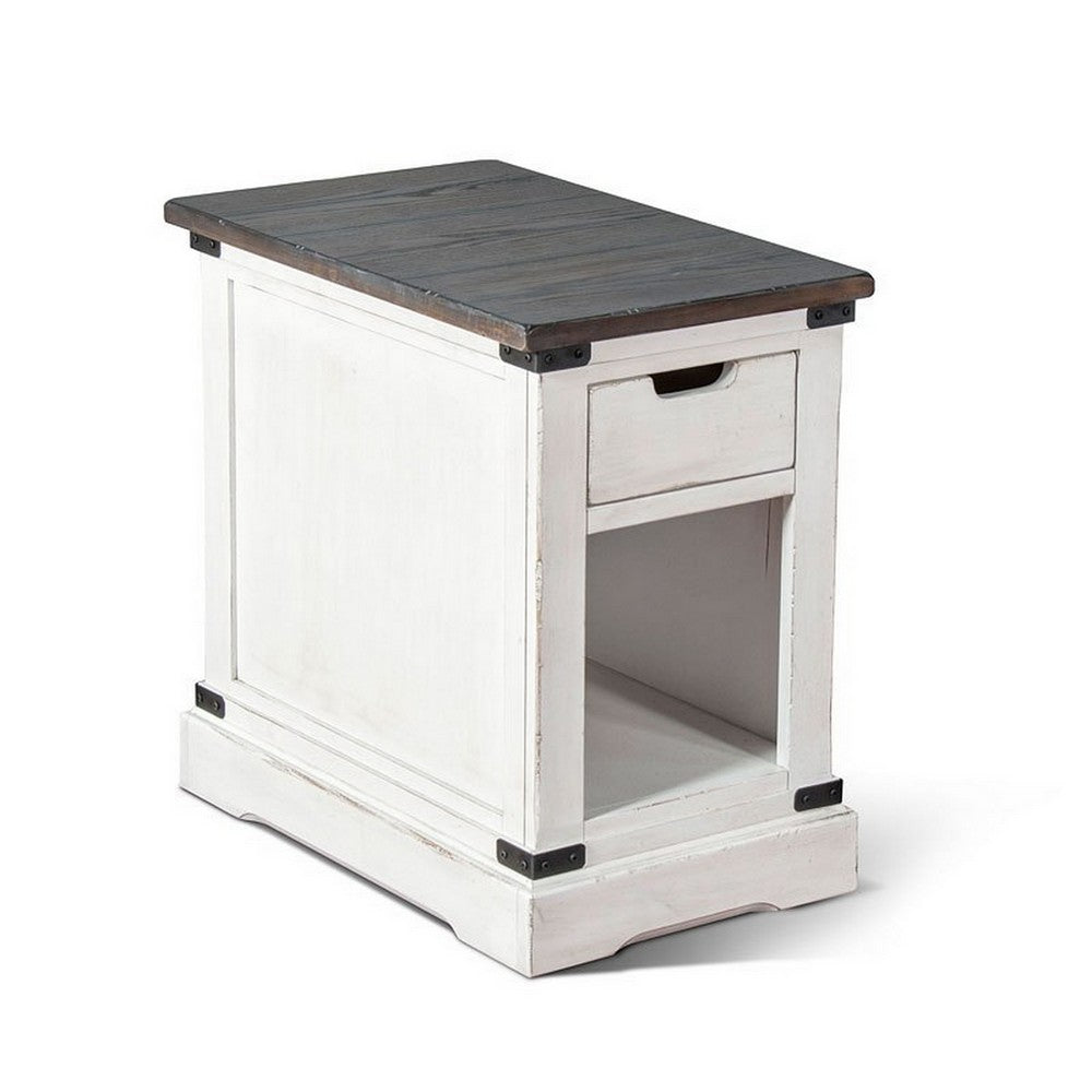 Benjara Laibi Side Table, French Country White, Brown Mahogany Wood, 26x16 Top