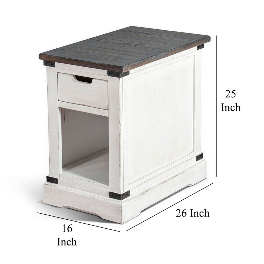 Benjara Laibi Side Table, French Country White, Brown Mahogany Wood, 26x16 Top