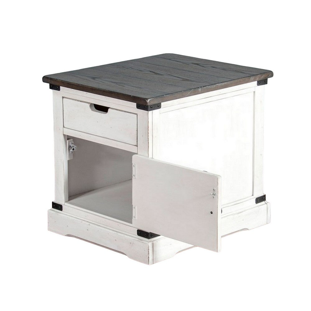 Benjara Laibi Side Table, French Country White, Brown Mahogany Wood, 26x22 Top