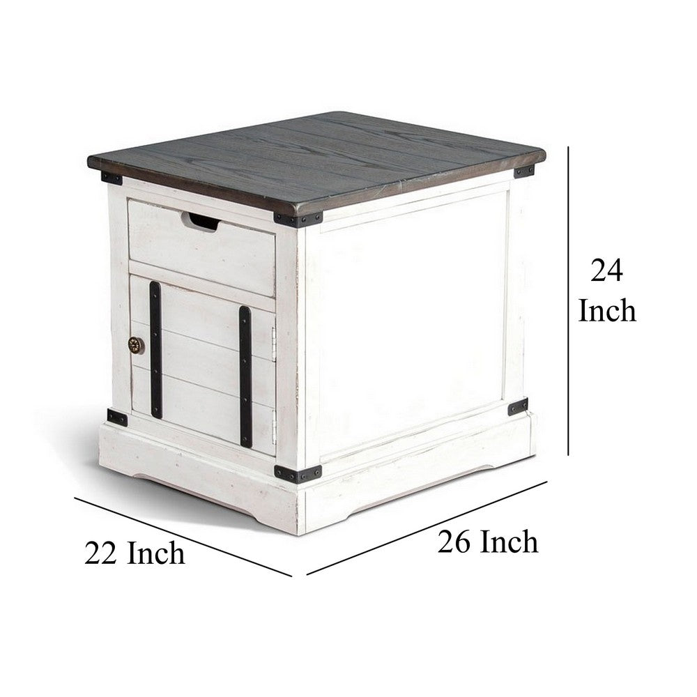 Benjara Laibi Side Table, French Country White, Brown Mahogany Wood, 26x22 Top