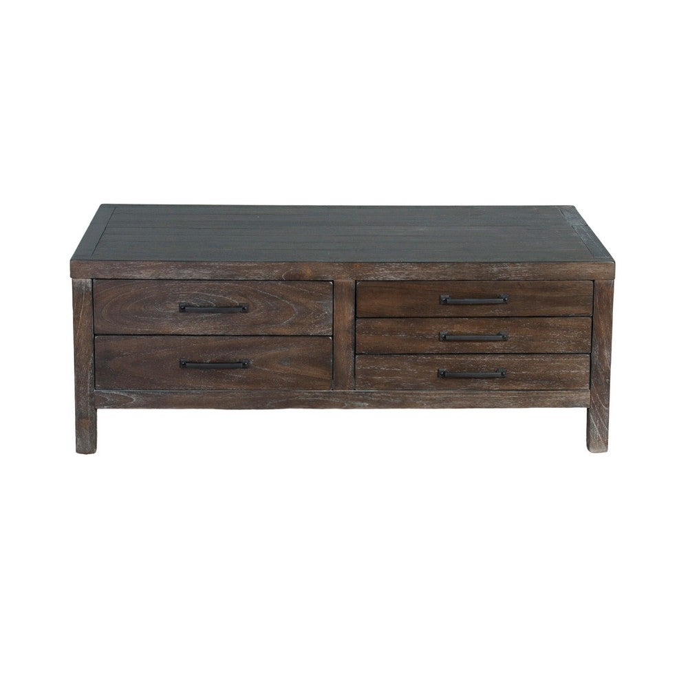 Benjara Nikay Coffee Table, 5 Drawers, Dark Brown Mindi, Rectangular 50 Inch