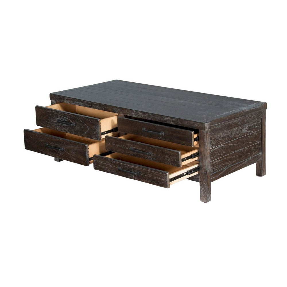 Benjara Nikay Coffee Table, 5 Drawers, Dark Brown Mindi, Rectangular 50 Inch