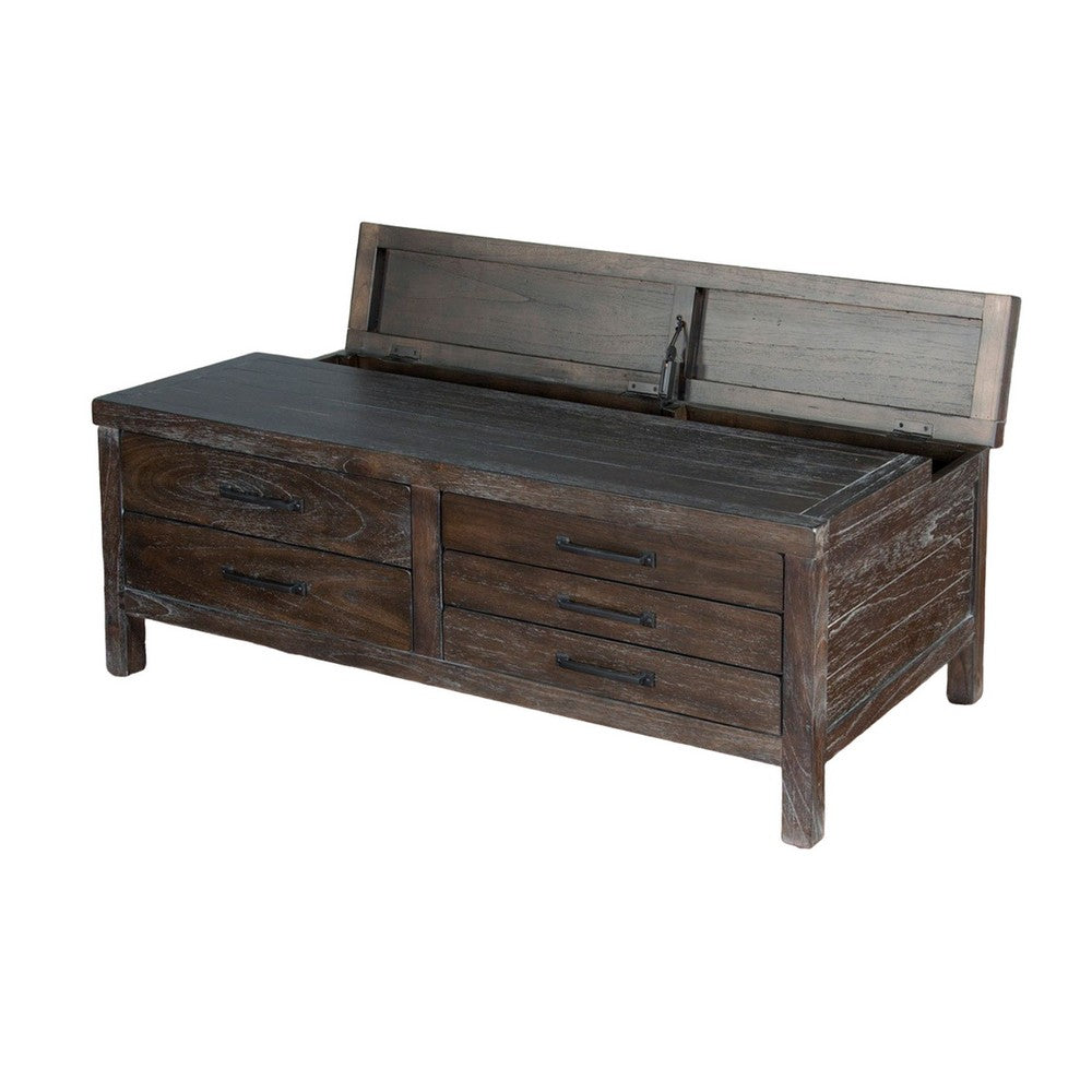 Benjara Nikay Coffee Table, 5 Drawers, Dark Brown Mindi, Rectangular 50 Inch