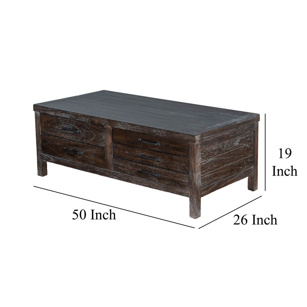 Benjara Nikay Coffee Table, 5 Drawers, Dark Brown Mindi, Rectangular 50 Inch