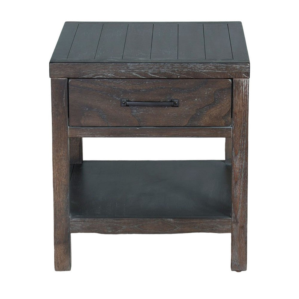 Benjara Nikay Side End Table, 1 Drawer, Shelf, Dark Brown Mindi Wood, 26 Inch