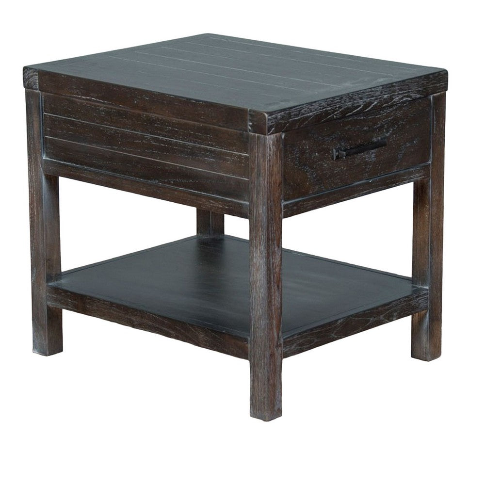Benjara Nikay Side End Table, 1 Drawer, Shelf, Dark Brown Mindi Wood, 26 Inch