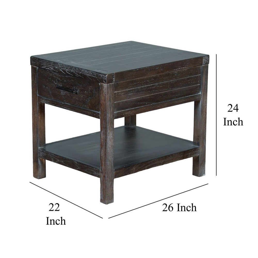 Benjara Nikay Side End Table, 1 Drawer, Shelf, Dark Brown Mindi Wood, 26 Inch