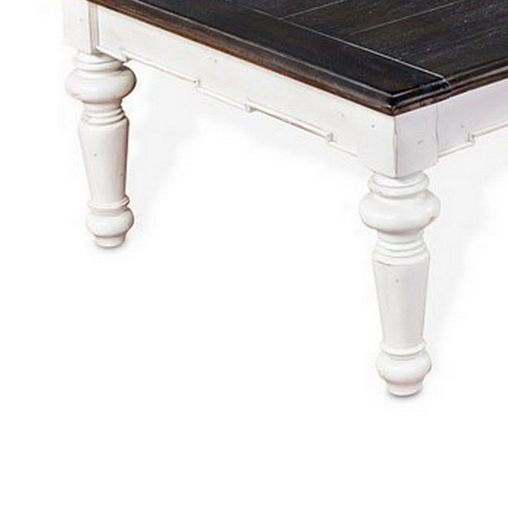 Benjara Kiyan Coffee Table, White, Dark Brown Mahogany, Rectangular 52 Inch