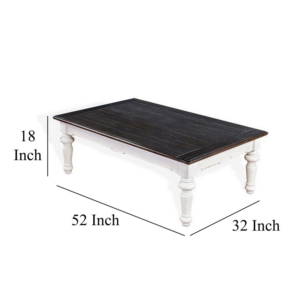 Benjara Kiyan Coffee Table, White, Dark Brown Mahogany, Rectangular 52 Inch