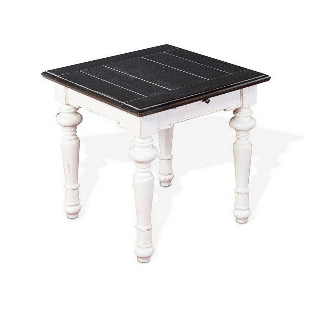 Benjara Kiyan End Table, 1 Drawer, Off White, Dark Brown Mahogany, 24 Inch