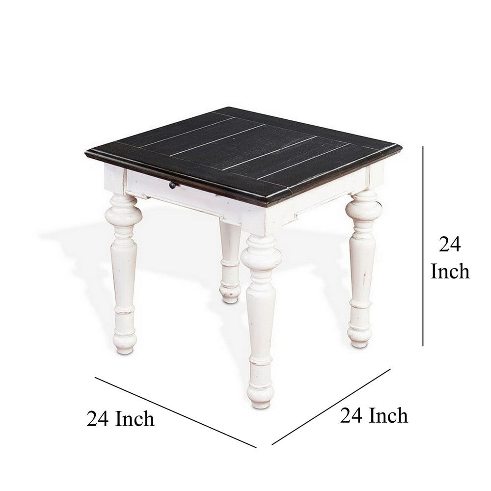 Benjara Kiyan End Table, 1 Drawer, Off White, Dark Brown Mahogany, 24 Inch