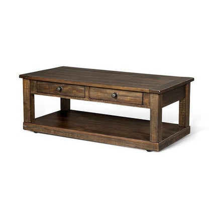 Benjara Flint Coffee Table, 2 Drawers, Shelf, Dark Brown Mahogany, 48 Inch