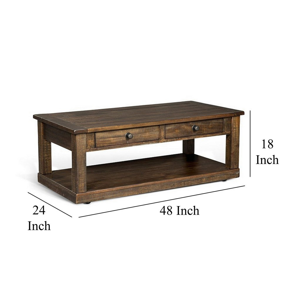 Benjara Flint Coffee Table, 2 Drawers, Shelf, Dark Brown Mahogany, 48 Inch