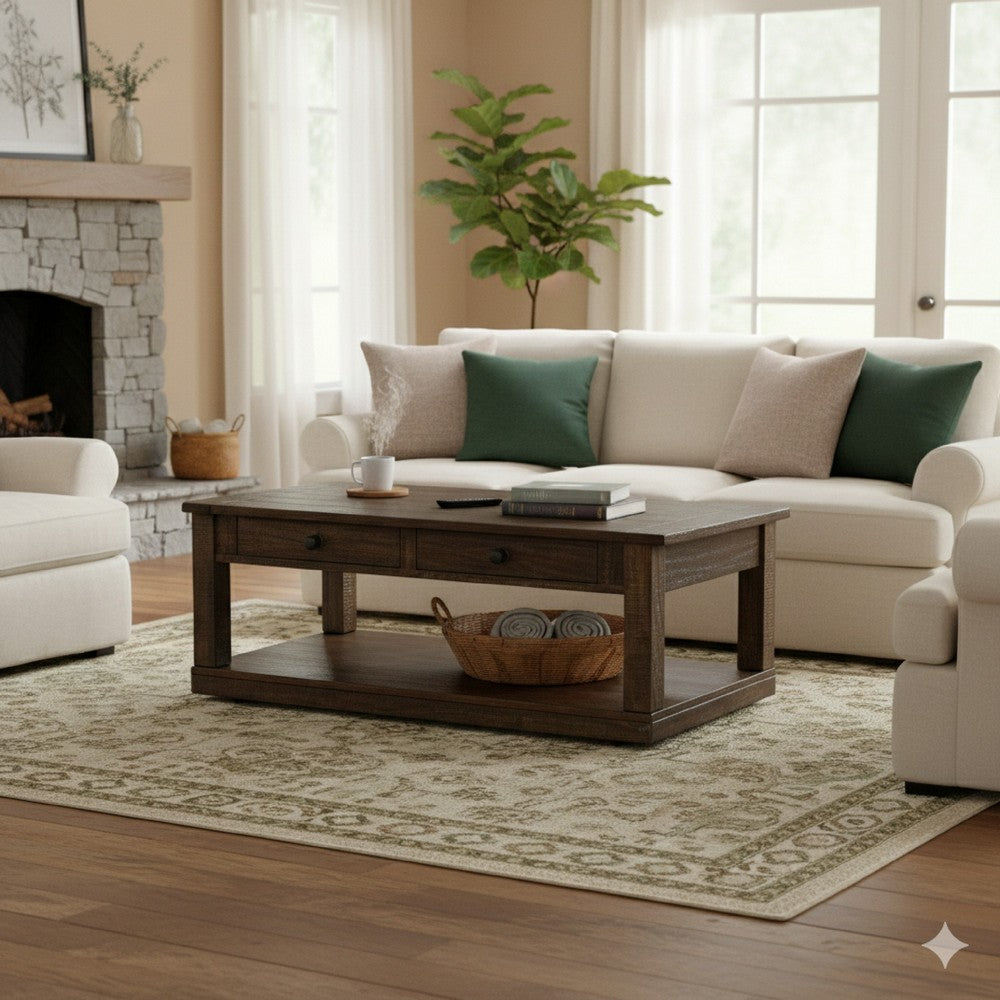 Benjara Flint Coffee Table, 2 Drawers, Shelf, Dark Brown Mahogany, 48 Inch