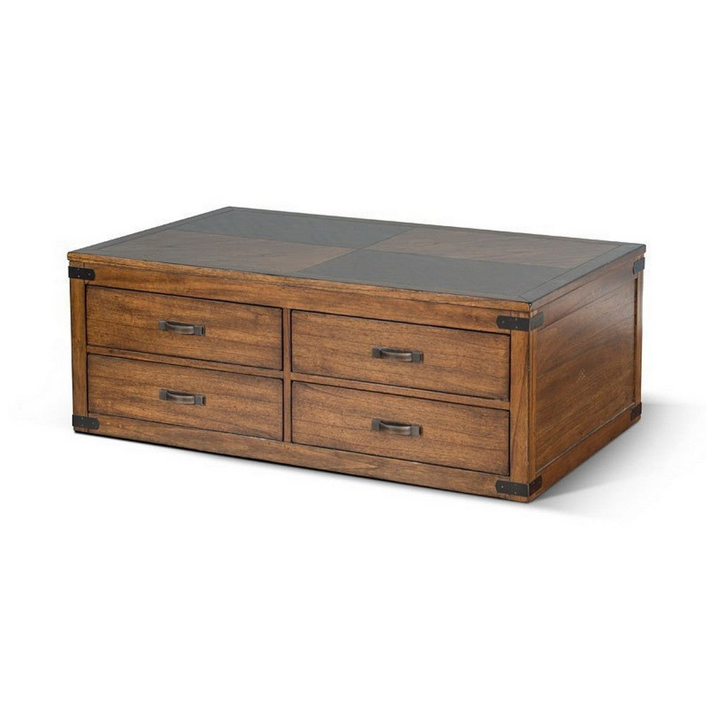 Benjara Zinia Coffee Table, 4 Drawers, Plinth Medium Brown Mindi Wood, 50 Inch