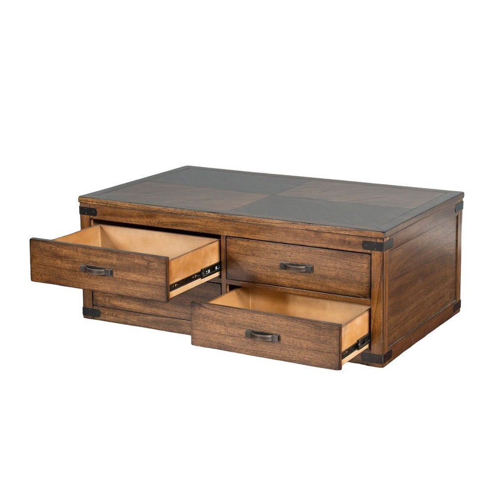Benjara Zinia Coffee Table, 4 Drawers, Plinth Medium Brown Mindi Wood, 50 Inch