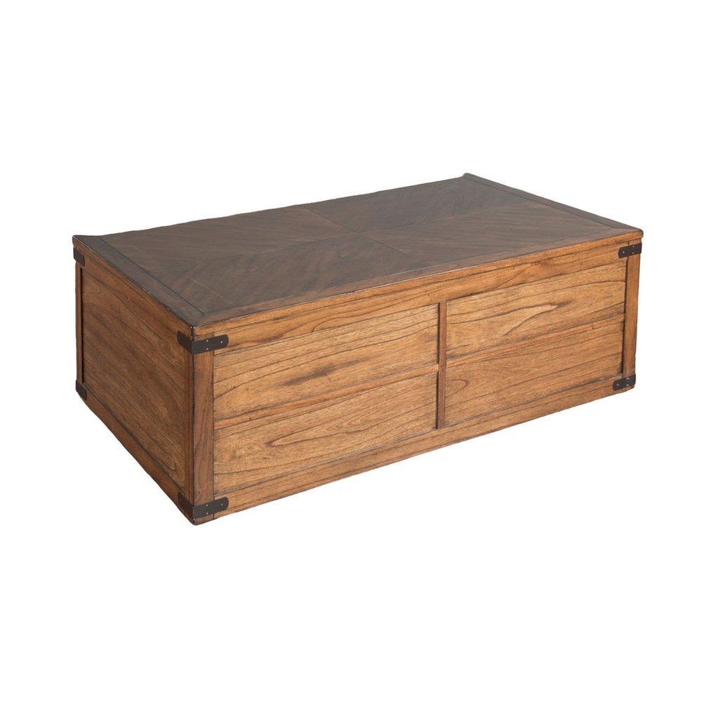 Benjara Zinia Coffee Table, 4 Drawers, Plinth Medium Brown Mindi Wood, 50 Inch