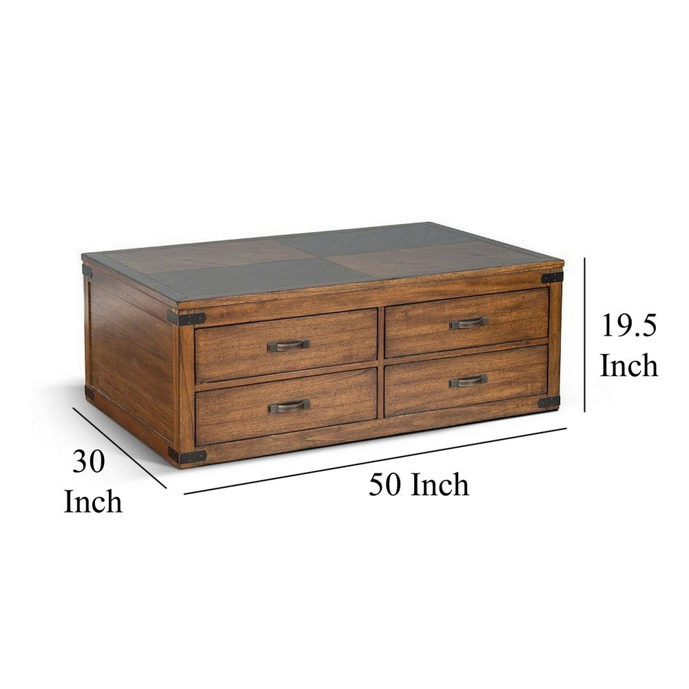 Benjara Zinia Coffee Table, 4 Drawers, Plinth Medium Brown Mindi Wood, 50 Inch