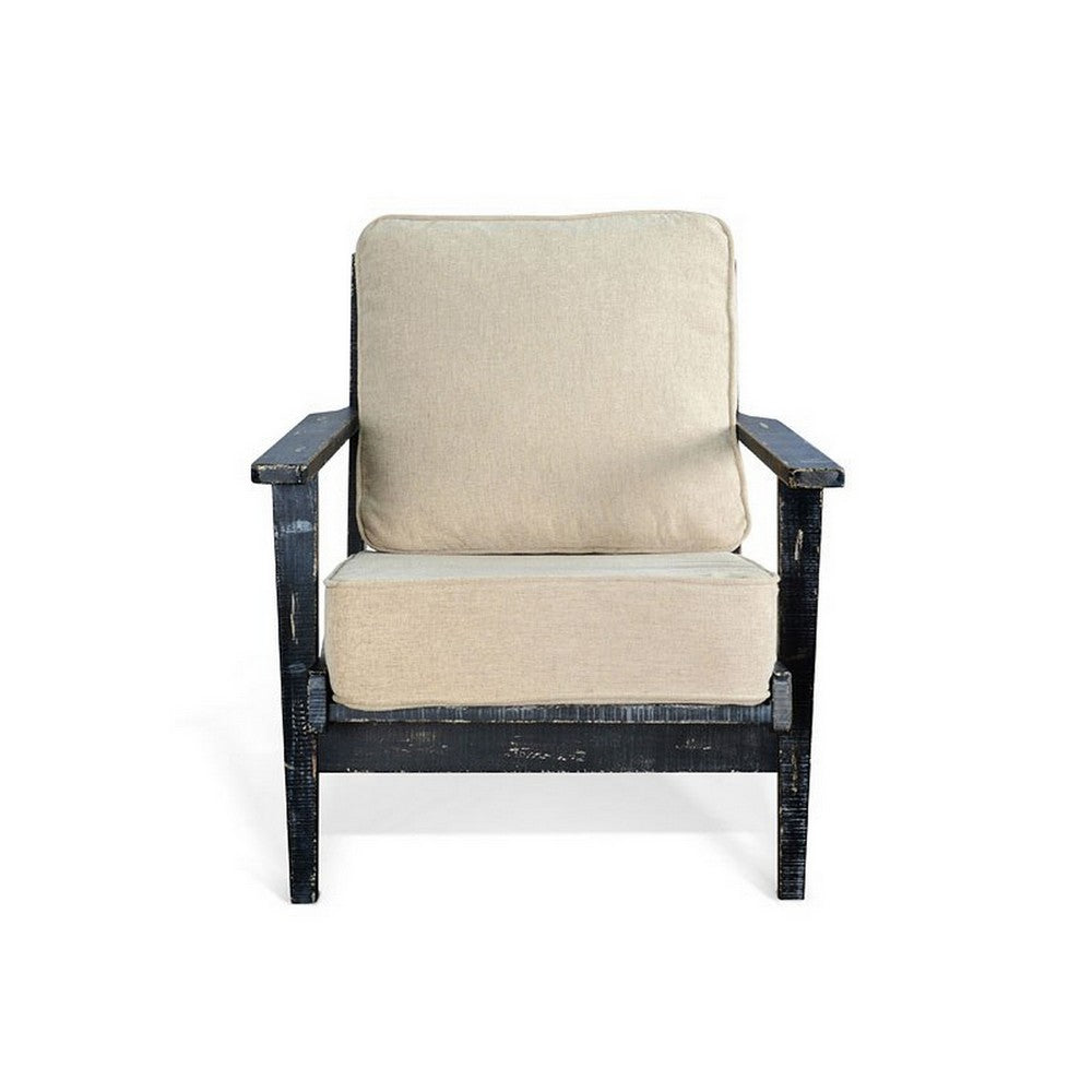 Benjara Rena Accent Lounge Chair, Beige Seat, Distressed Black Solid Wood