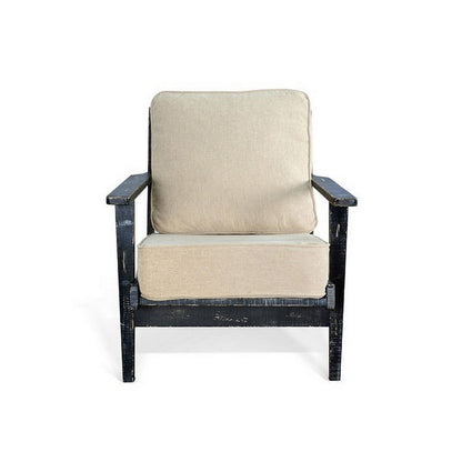 Benjara Rena Accent Lounge Chair, Beige Seat, Distressed Black Solid Wood