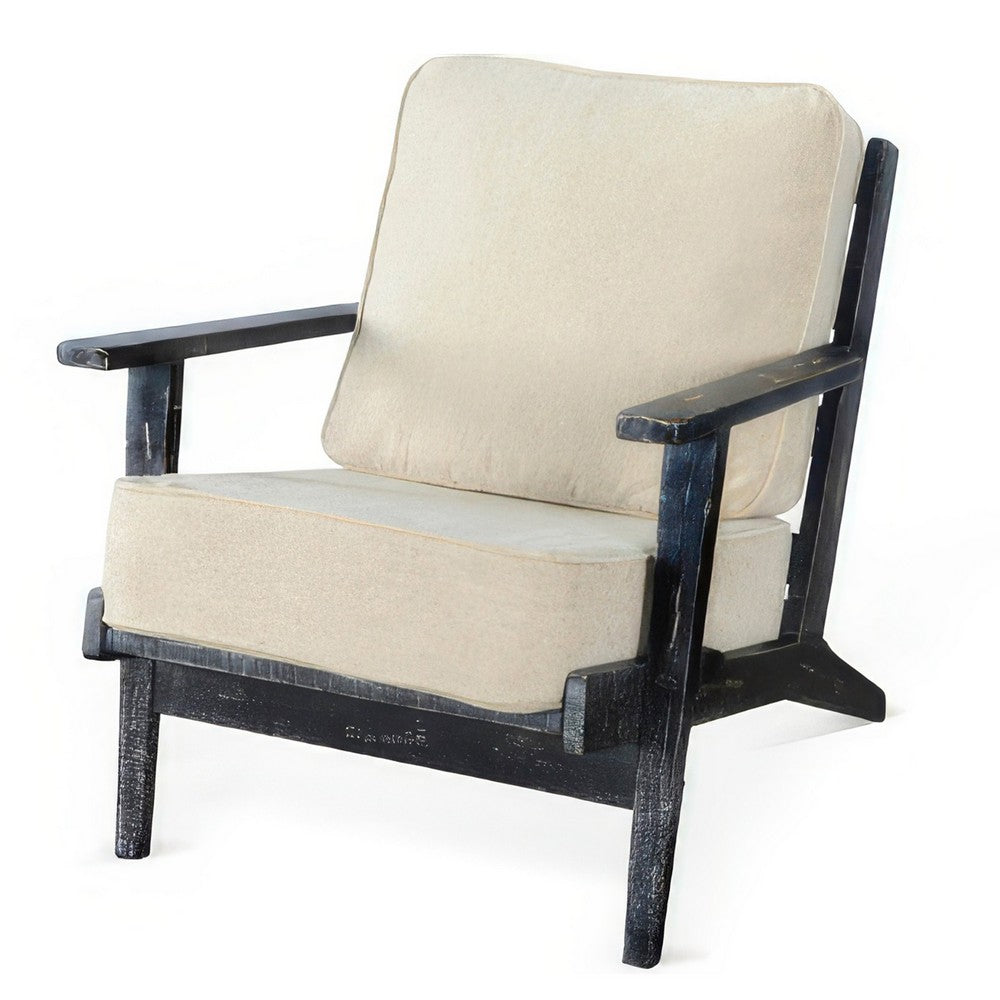 Benjara Rena Accent Lounge Chair, Beige Seat, Distressed Black Solid Wood