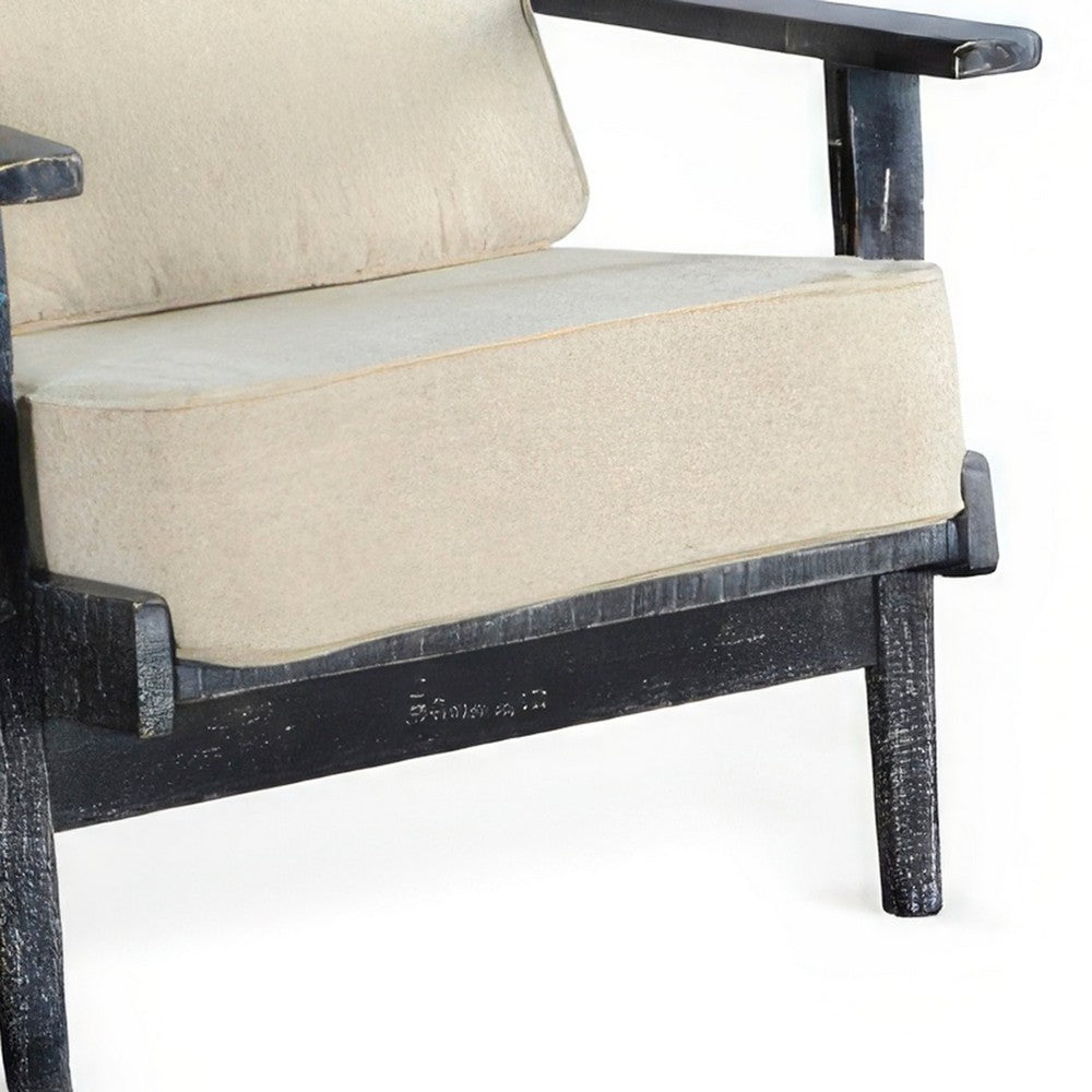 Benjara Rena Accent Lounge Chair, Beige Seat, Distressed Black Solid Wood