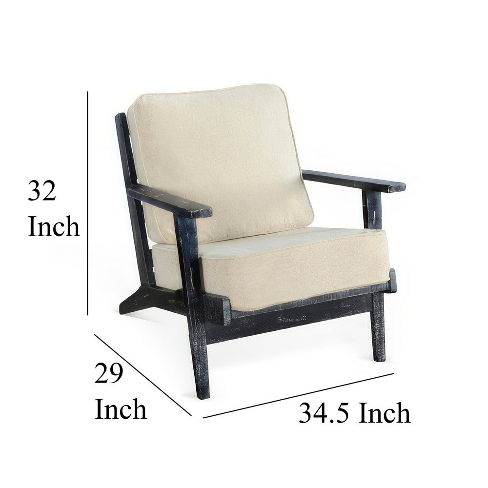 Benjara Rena Accent Lounge Chair, Beige Seat, Distressed Black Solid Wood